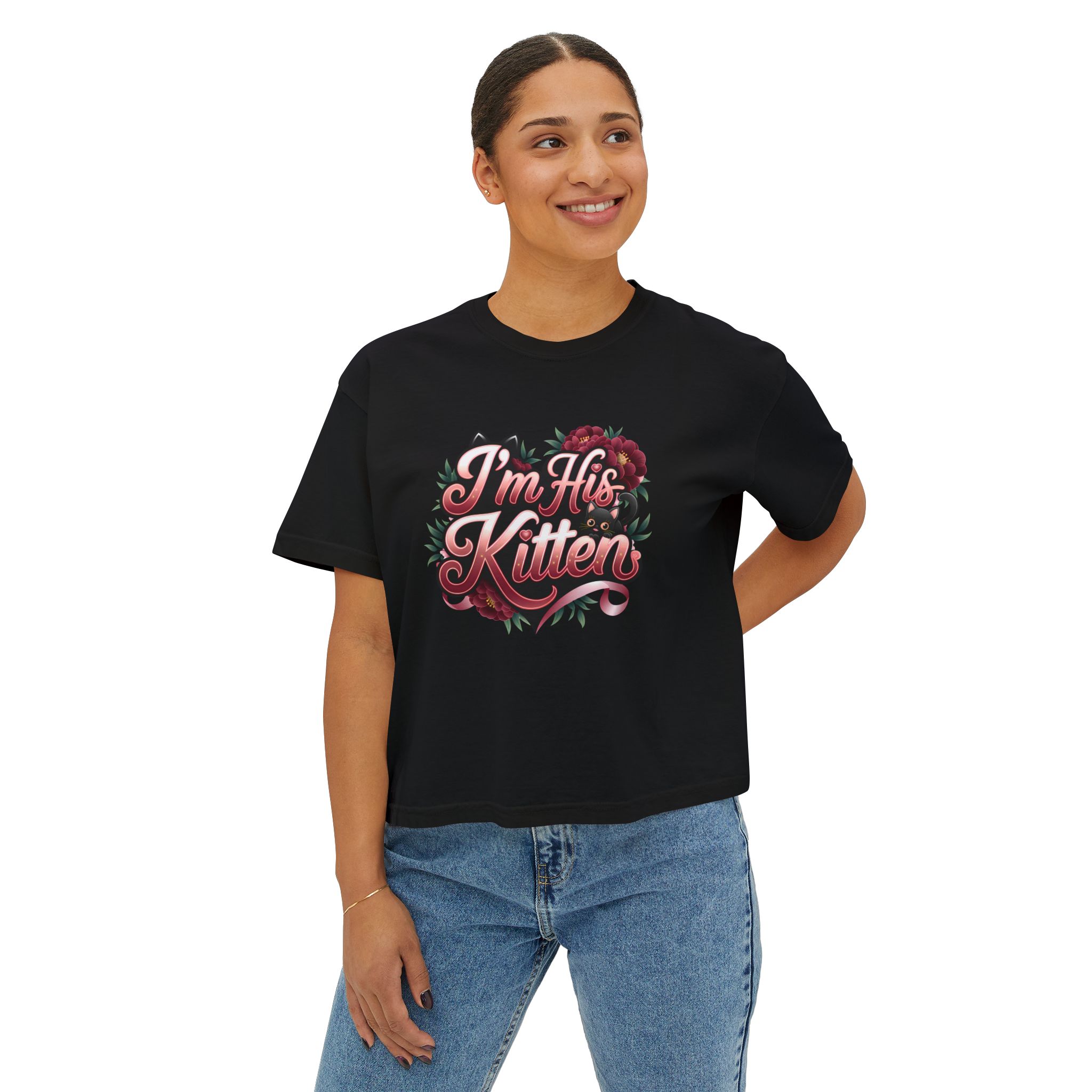 Cute Women’s Boxy Tee – “I’m His Kitten” Floral Design – Perfect for Couples and Casual Wear